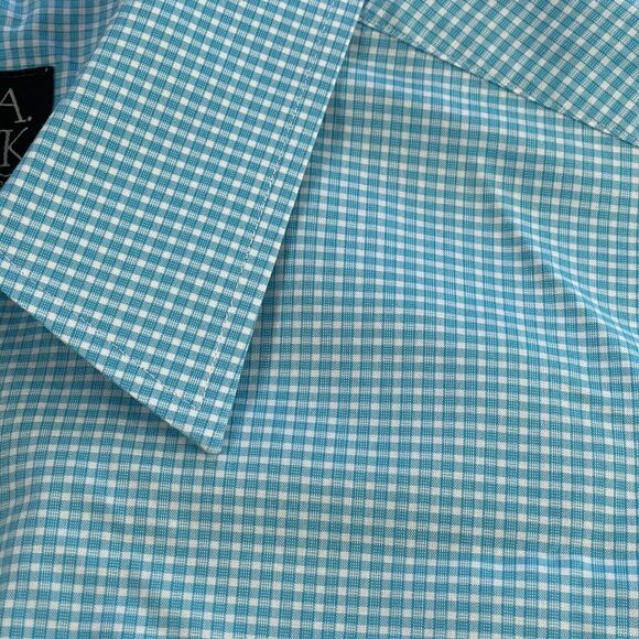 Jos A Bank Shirt Men Large Turquoise Gingham Check Cotton Travelers Button Front - Picture 3 of 16